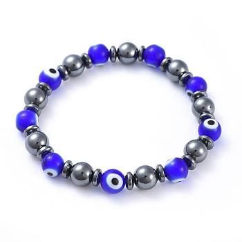 Handmade Evil Eye Lampwork Beads Stretch Bracelets, with Non-Magnetic Synthetic Hematite Beads, Round, Blue, 2-1/4 inch(5.8cm)