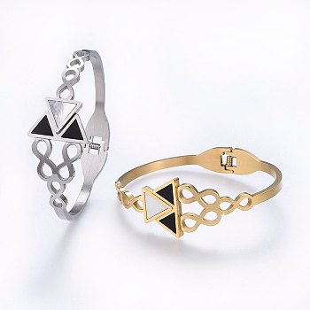 304 Stainless Steel Bangles, with Resin and White Shell, Triangle and Infinity, Mixed Color, 2-3/8 inchx2 inch(6x5cm)