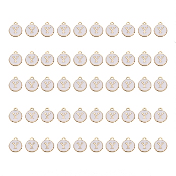 Golden Plated Alloy Charms, with Enamel, Enamelled Sequins, Flat Round, White, Letter.Y, 14x12x2mm, Hole: 1.5mm, 50pcs/Box