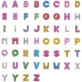 Mixed Color Zinc Alloy Grade A Rhinestone Letter Slide Charms, Letter A~Z, 12~13x3.5~12x4.5mm, Hole: 8x2mm, 2pcs/color, 52pcs/box