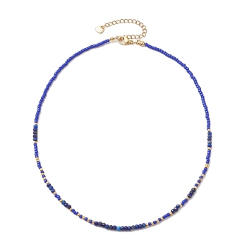 Bohemian Style Natural Lapis Lazuli Beaded Necklaces, with Glass for Women, 14.76~14.96 inch(37.5~38cm)