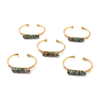 Natural African Turquoise(Jasper) Triple Column Beaded Open Cuff Bangle, Wire Wrape Brass Jewelry for Women, Golden, Inner Diameter: 2-1/8 inch(5.45~5.55cm)