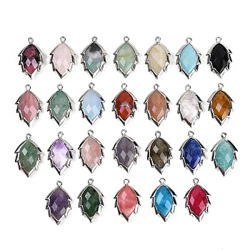 Natural & Synthetic Mixed Gemstone Faceted Leaf Pendants, Rack Plating Brass Charms, Platinum, Mixed Dyed and Undyed, 23x13.5x5.5mm, Hole: 1.2mm