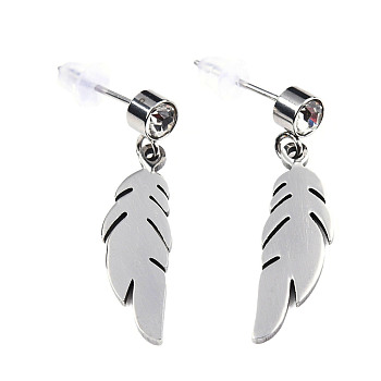 201 Stainless Steel Dangle Stud Earrings, with Clear Cubic Zirconia, Feather, Stainless Steel Color, 26mm, Pin: 0.8mm