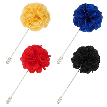 4Pcs 4 Colors Flower Polyester Lapel Pin Brooches for Men, with Alloy Pins, Mixed Color, 90x38x21mm, 1pc/color