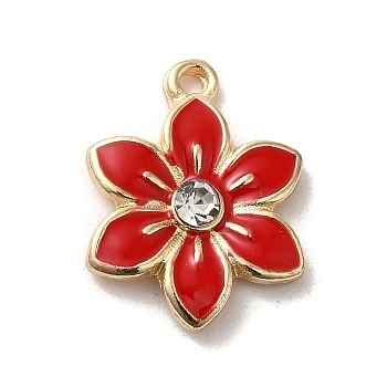 Flower Alloy Enamel Pendants, with Rhinestone, Light Gold, Red, 17x13x3mm, Hole: 1.5mm