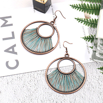 Creative Design Alloy Dangle Earrings, with Yarn, Flat Round, Red Copper, Medium Turquoise, 75x55mm