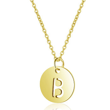 201 Stainless Steel Initial Pendants Necklaces, with Cable Chains, Flat Round with Letter, Golden, Letter.B, 16.3 inch(40cm), 1mm