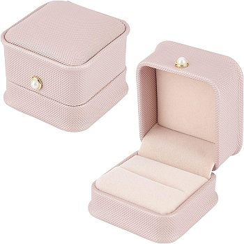 Nbeads PU Leather Ring Gift Boxes, with Iron & Plastic Imitation Pearl Button and Velvet Inside, for Wedding, Jewelry Storage Case, Misty Rose, 6.5x6.5x4.5cm