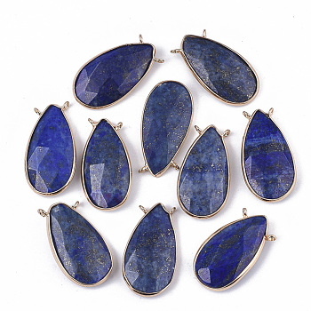 Natural Lapis Lazuli Pendants, with Golden Tone Brass Open Back Settings, Faceted, Teardrop, 29~30x16x6mm, Hole: 1.6mm