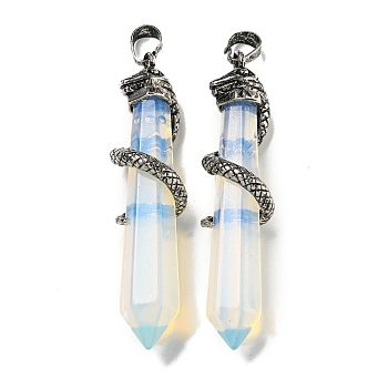 Opalite Pointed Big Pendants, Rack Plating Brass Snake Wrapped Faceted Bullet Charms, Antique Silver, Cadmium Free & Lead Free, 60.5x11.5x14mm, Hole: 8x5mm