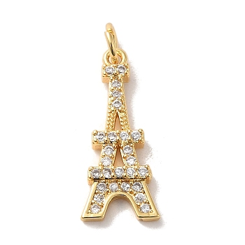 Brass Cubic Zirconia Pendants, with Jump Ring, Eiffel Tower, Real 14K Gold Plated, 21.5x19x2.5mm, Hole: 3.5mm