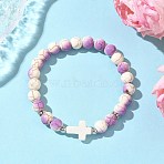 Baking Paint Synthetic Turquoise Round & Cross Beads Stretch Bracelets for Men Women, Medium Orchid, Inner Diameter: 2-1/4 inch(5.6cm)(BJEW-JB12339-01)
