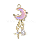 Alloy Glass Pendants, Moon with Star, Golden, Orchid, 36x34.5x4mm, Hole: 1.8mm(FIND-WH20026-030G-04)
