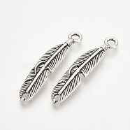 Tibetan Style Alloy Pendants, Feather, Cadmium Free & Nickel Free & Lead Free, Antique Silver, 35x7x2mm, Hole: 2.5mm(TIBE-Q072-07AS-NR)
