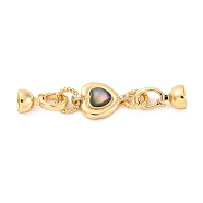 Brass & Black Lip Shell & Epoxy Resin Fold Over Clasps, Heart, Real 18K Gold Plated, 52mm(KK-P291-22G)