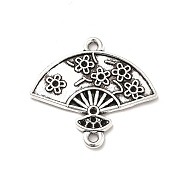 Tibetan Style Alloy Connector Charms, Chinese Style Hand Fan with Flower Shape Links, Antique Silver, 22x24x1.5mm, Hole: 1.5mm, about 500pcs/1000g(PALLOY-M198-29AS)