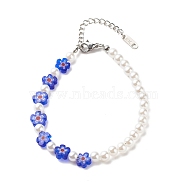 Plastic Imitation Pearl & Millefiori Glass Beaded Bracelet for Women, Blue, 7-1/4 inch(18.5cm)(BJEW-JB08432)