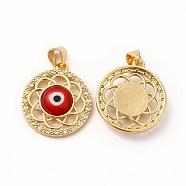 Rack Plating Brass Micro Pave Clear Cubic Zirconia Pendants, with Handmade Evil Eye Lampwork, Cadmium Free & Lead Free, Long-Lasting Real 18K Gold Plated, Flat Round with Flower Charm, Red, 21.5x19x4.5mm, Hole: 4.5x3.5mm(LAMP-A153-07G-06)
