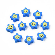 Handmade Polymer Clay Beads, Star with Smiling Face, Dodger Blue, 7.5~9x8.5~9x3.5~4mm, Hole: 1.6mm(CLAY-N011-45A-01)