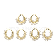 3 Pair 3 Size Natural Pearl Beaded Hoop Earrings, 304 Stainless Steel Wire Wrap Jewelry for Women, Real 18K Gold Plated, 31.5~42x37~46x8mm, Pin: 0.6~1.2x0.6mm, 1 Pair/size(EJEW-JE05168)