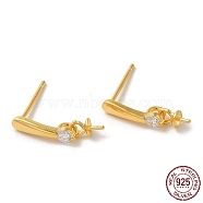 925 Sterling Silver Micro Pave Cubic Zirconia Stud Earring Findings, for Half Drilled Beads, Real 18K Gold Plated, 14x3mm, Pin: 0.9mm and 10.5x0.9mm(STER-P056-06G)