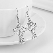 304 Stainless Steel Cross with Sailor's Knot Dangle Earrings for Women, Stainless Steel Color, 50x20mm(EJEW-F320-01P)