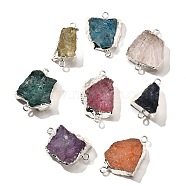 Raw Rough Natural Dyed Quartz Crystal Links Connector Charms, with Brass Findings, Nuggets, Silver Color Plated, Mixed Color, 30.5~37.5x15~25x7.5~13mm, Hole: 2.5mm(G-K189-04S)