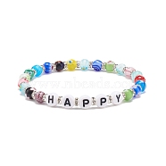 Word Happy Bracelet, Colorful Millefiori Glass & Acrylic Letter Beaded Stretch Bracelet for Women, Letter Pattern, Inner Diameter: 2-1/8 inch(5.5cm)(BJEW-JB08584-05)
