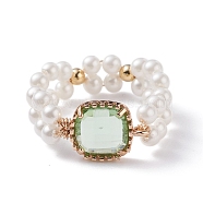 Bling Square Glass Finger Ring, Vintage Shell Pearl Beads Braided Ring for Girl Women, Golden, Light Green, US Size 9(18.9mm)(RJEW-TA00018-02)