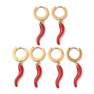 3 Pairs 304 Stainless Steel Enamel Horn of Plenty/Italian Horn Cornicello Hoop Dangle Earrings for Women, Red, Golden, 36x6mm(EJEW-K279-06G)
