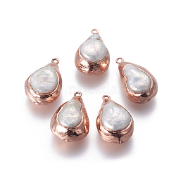 Natural Cultured Freshwater Pearl Pendants, with Brass Findings, teardrop, Rose Gold, 29.5~32x18~19.5x13.5~14mm, Hole: 1.8mm(PEAR-F011-44RG)