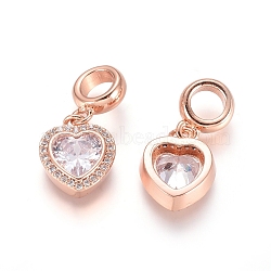 Brass Micro Pave Cubic Zirconia European Dangle Charms, Large Hole Pendants, Heart, Clear, Rose Gold, 22mm, Hole: 5mm(X-ZIRC-E163-18RG)