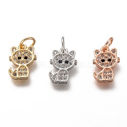 Brass Micro Pave Clear Cubic Zirconia Charms, Long-Lasting Plated, with Jump Ring, Cat, Mixed Color, 11.5x8x2mm, Jump Ring: 5x1mm, 3mm Inner Diameter(ZIRC-C020-38)