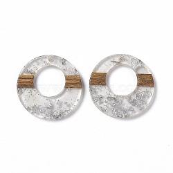 Transparent Resin & Walnut Wood Pendants, Ring Charms with Silver Foil, Clear, 38x3.5mm, Hole: 2mm(RESI-M027-03G)