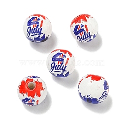 Printed Wood European Beads, Round, USA Flag Style, Blue, 15.5~16mm, Hole: 4~4.5mm(WOOD-G022-07A)