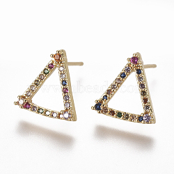 Brass Micro Pave Cubic Zirconia Studs Earrings, Triangle, Colorful, 12x11x3mm, Pin: 0.7mm(EJEW-K078-13)