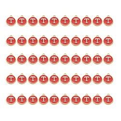 Golden Plated Alloy Charms, with Enamel, Enamelled Sequins, Flat Round, Red, Letter.T, 14x12x2mm, Hole: 1.5mm, 50pcs/Box(ENAM-SZ0001-25C-T)