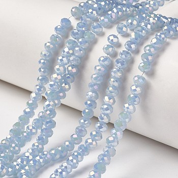 Electroplate Glass Beads Strands, Imitation Jade Beads, Full Rainbow Plated, Faceted, Rondelle, Light Sky Blue, 6x5mm, Hole: 1mm, about 85~88pcs/strand, 16.1~16.5 inch(41~42cm)