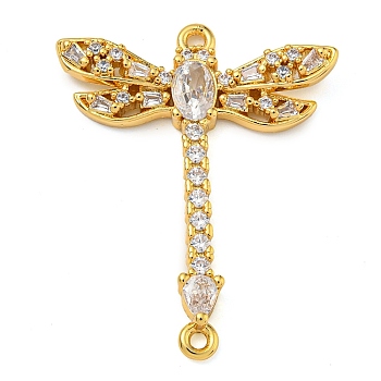 Rack Plating Brass Pave Cubic Zirconia Dragonfly Connector Charms, Insect Links, Lead Free & Cadmium Free, Long-Lasting Plated, Real 18K Gold Plated, 32x25.5x5.5mm, Hole: 1.4mm