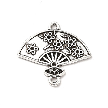 Tibetan Style Alloy Connector Charms, Chinese Style Hand Fan with Flower Shape Links, Antique Silver, 22x24x1.5mm, Hole: 1.5mm, about 500pcs/1000g