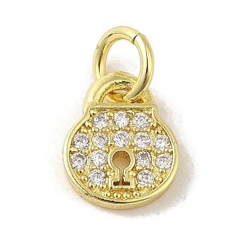 Brass Micro Pave Cubic Zirconia Charms, Real 18K Gold Plated, Lock Charms, Clear, 9x7x1.5mm, Hole: 3mm