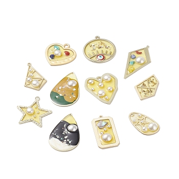 Epoxy Resin Pendants, with Natural & Synthetic Gemstone Chip, Alloy Findings and ABS Plastic Imitation Pearl, Quadrangle & Heart & Star Charm, Mixed Shapes, Yellow, 36~53x19.5~34.5x2~6mm, Hole: 1.4~3mm