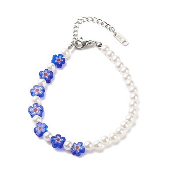 Plastic Imitation Pearl & Millefiori Glass Beaded Bracelet for Women, Blue, 7-1/4 inch(18.5cm)