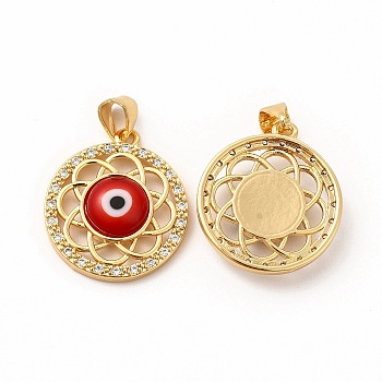 Rack Plating Brass Micro Pave Clear Cubic Zirconia Pendants, with Handmade Evil Eye Lampwork, Cadmium Free & Lead Free, Long-Lasting Real 18K Gold Plated, Flat Round with Flower Charm, Red, 21.5x19x4.5mm, Hole: 4.5x3.5mm