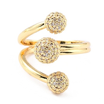 Brass Micro Pave Clear Cubic Zirconia Cuff Rings, Open Rings, Round, Real 18K Gold Plated, Clear, US Size 7(17.3mm), 3~19.5mm
