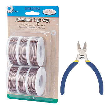 BENECREAT Round Aluminum Wire, with Iron Side Cutting Pliers, Coconut Brown, 17 Gauge, 1.2mm, 16m/roll, 6 rolls