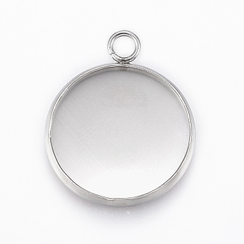 304 Stainless Steel Pendant Cabochon Settings, Flat Round, Stainless Steel Color, Tray: 16mm, 21.5x18x2mm, Hole: 2.2mm