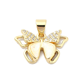 Brass Micro Pave Clear Cubic Zirconia Pendants, with Sythetic Opal, Butterfly, Real 18K Gold Plated, 12x18.5x3.5mm, Hole: 4x3.5mm