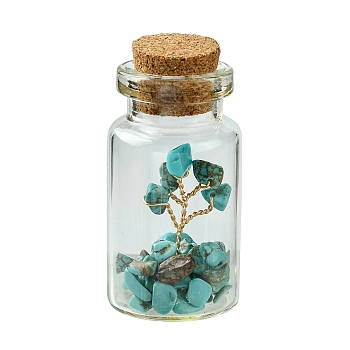 Transparent Glass Wishing Bottle Decoration, Wicca Gem Stones Balancing, with Tree of Life Synthetic Turquoise Beads Drift Chips inside, 22x45mm